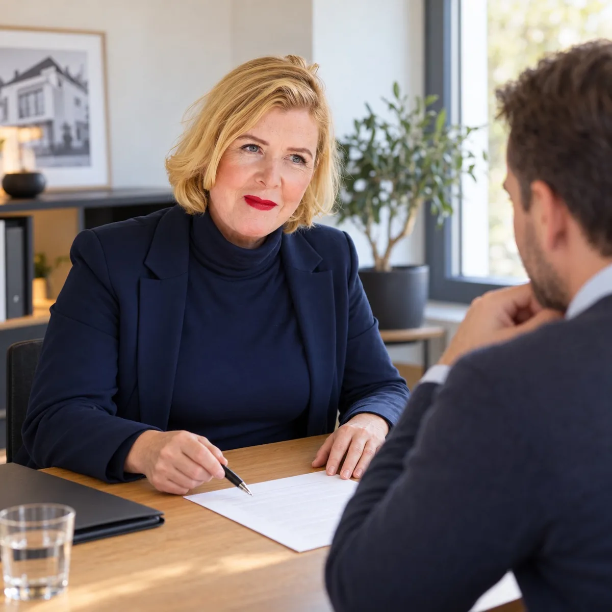 Jeannine Ludwig im Beratungsgespräch mit einem Eigentümer am Schreibtisch